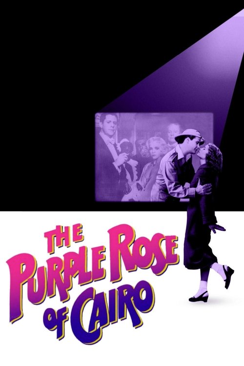 The poster features a dramatic scene with a woman in a hat and man in a suit, set against a dark background with purple lighting. The title "The Purple Rose of Cairo" is prominently displayed in bold, stylized text. The overall mood is mysterious and cinematic, suggesting a romantic or dramatic n...