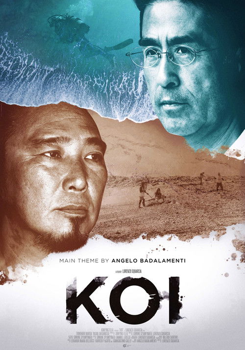 The poster features a split image: a serene beach scene with a lone figure and a distant boat, juxtaposed against a close-up of a man's face. The color palette blends warm earth tones with cool blues, creating a somber yet hopeful atmosphere. The title "Koi" is prominently displayed at the bottom...