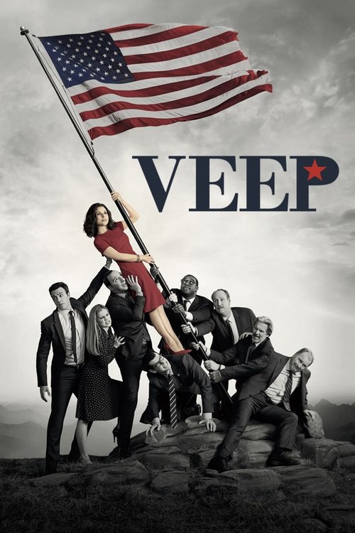The poster features a woman in a red dress holding an American flag aloft, symbolizing patriotism and ambition. Surrounding her are men in suits, some looking determined, others with serious expressions. The muted color palette and dramatic lighting create a serious, political atmosphere, emphasi...