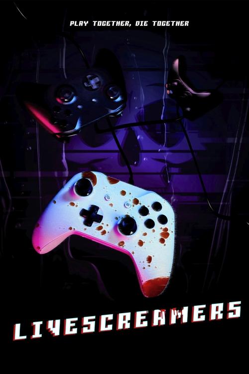 The poster features a menacing figure in a black suit with glowing red eyes, looming over a controller that glows with neon pink and purple hues. The dark, eerie atmosphere and ominous colors create a suspenseful mood, hinting at a horror thriller.