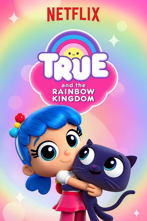The poster features a cheerful girl with blue hair and a cat, set against a vibrant rainbow background. The playful design and bright colors evoke a joyful and magical mood, capturing the essence of the show's whimsical world.