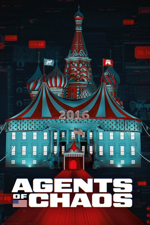 The poster features a surreal, futuristic cityscape with a giant, colorful circus tent dominating the center, symbolizing chaos and unpredictability. The scene is dark with neon red and blue lights, creating a mysterious and ominous atmosphere. The title "Agents of Chaos" is prominently displayed...