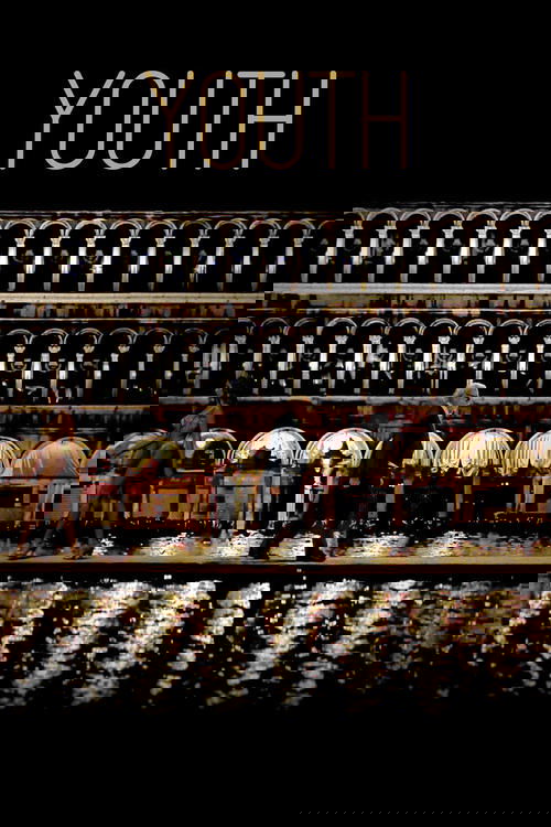 The poster features a dark, moody scene with a group of young people walking through a dimly lit, reflective pool. The warm golden hues of the "YOUTH" title contrast sharply with the cool, shadowy tones of the surroundings, creating a mysterious and atmospheric mood.