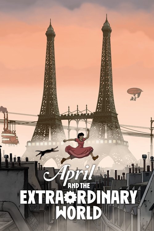 The poster features a surreal scene with a person in a red dress dancing atop two towering Eiffel towers under a warm sunset sky. The mood is whimsical and dreamlike, capturing the fantastical essence of the movie.