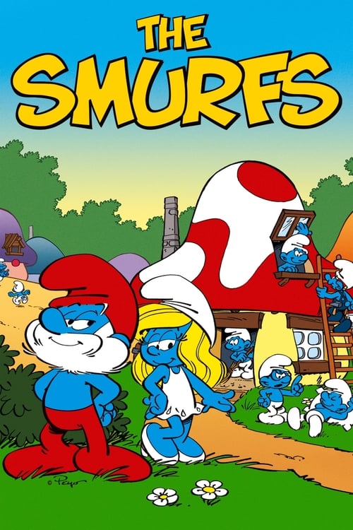 The vibrant poster features the iconic blue Smurfs in their classic red hats and blue outfits, standing proudly against a cheerful backdrop of green grass and colorful mushrooms. The warm yellow title "The Smurfs" dominates the top, evoking a playful and nostalgic atmosphere that captures the whi...