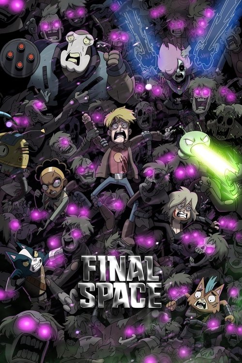 This vibrant poster showcases a chaotic scene of characters from the show, surrounded by glowing purple orbs and mystical energy. The dark, mysterious atmosphere is enhanced by the bright, colorful elements that create a dynamic and engaging visual. The poster captures the essence of the show's s...