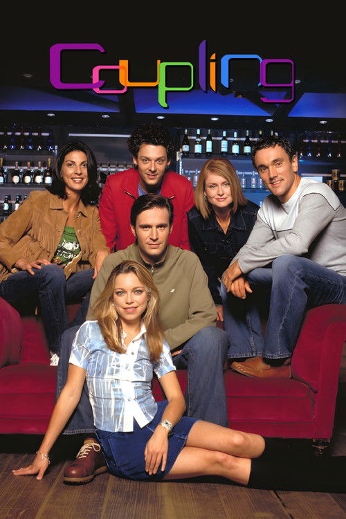 The poster features a group of six people posing on a red couch, with colorful text at the top. The warm lighting and casual attire create a relaxed, friendly atmosphere.