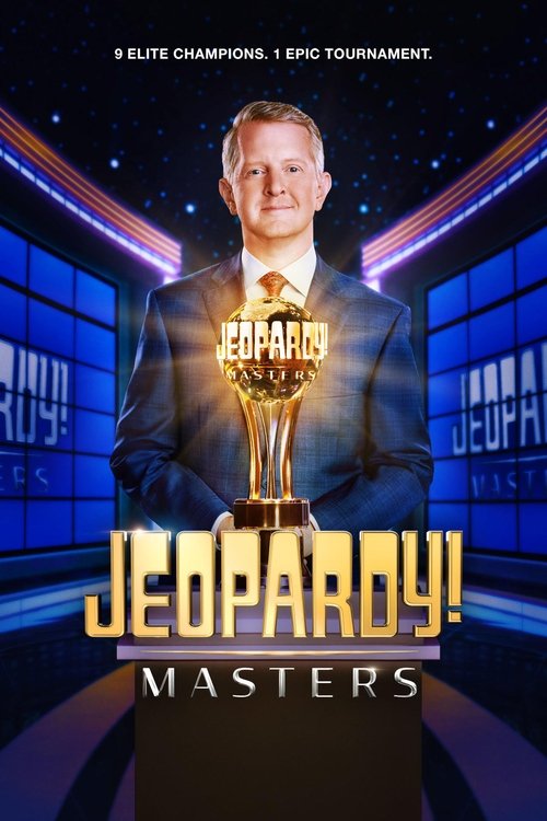 The poster features a smiling man in a suit holding a golden trophy, set against a dark blue background with "Jeopardy!" and "Masters" text. The mood is celebratory and professional, emphasizing the prestige of the event.