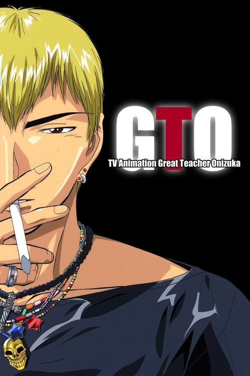 This anime poster features a striking blonde-haired character with a cigarette in his mouth, exuding an edgy and rebellious vibe. The bold red and white "GTO" logo stands out against the dark background, while the character's necklace adds a touch of sophistication. The overall mood is intense an...