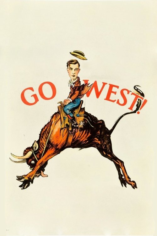 A cowboy rides a fierce bull, with the title "Go West" in bold red letters. The scene captures a classic Western atmosphere with vibrant colors and a sense of adventure.