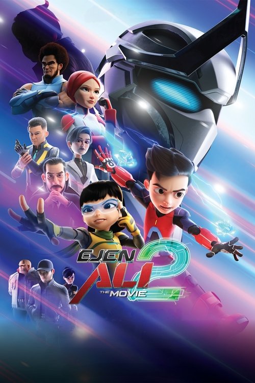 The poster features a dynamic group of animated characters in action poses against a vibrant purple and blue background. A futuristic robot with glowing blue eyes dominates the upper right corner, while smaller figures in colorful outfits suggest teamwork and adventure. The title "Ejen Ali: The M...