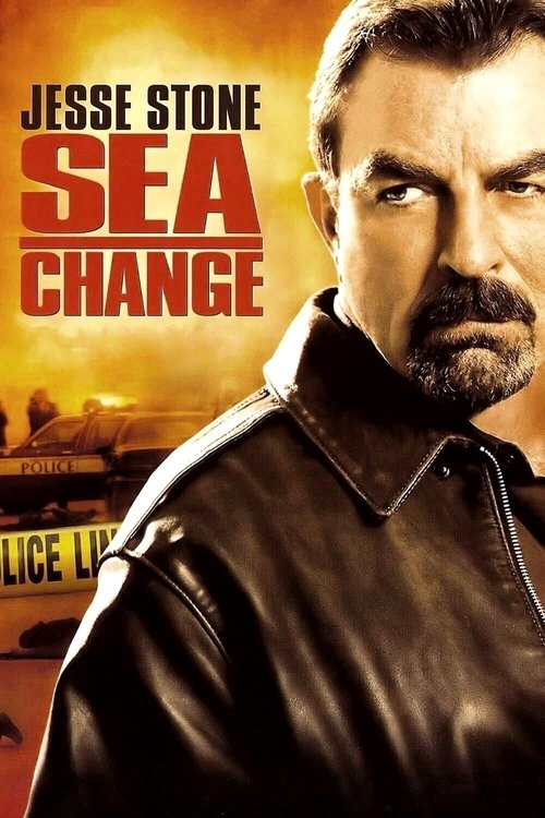 The poster features a rugged, intense man with a serious expression, wearing a leather jacket against a fiery orange background. The bold red title "SEA CHANGE" dominates the center, evoking a sense of action and drama. The overall mood is one of suspense and determination, capturing the essence ...