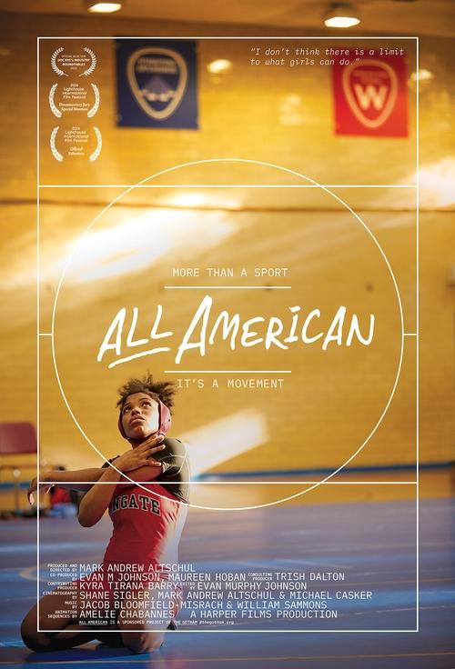 The poster features a young girl in a red jersey, captured mid-action with dynamic motion blur. Warm golden lighting enhances the energetic atmosphere, while the film's title and accolades suggest a high-stakes athletic competition.