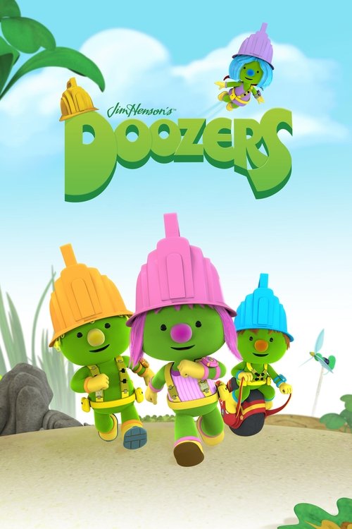 The Doozers, colorful green characters with playful hats, stand joyfully against a bright blue sky. Their cheerful expressions and vibrant outfits evoke a lively, friendly mood.