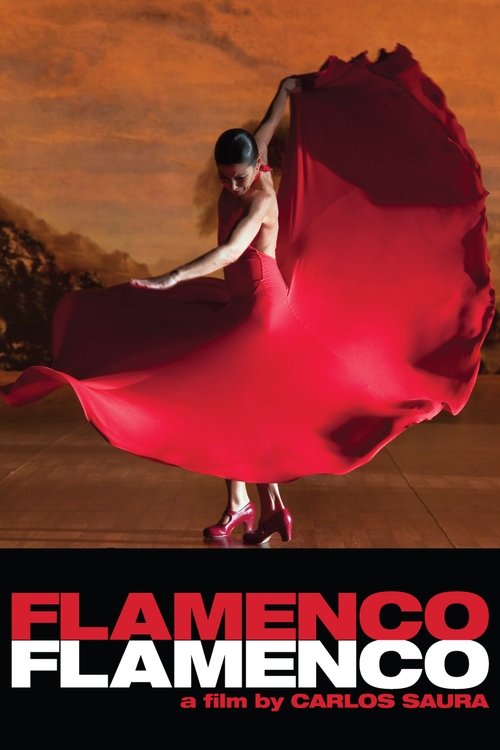 A woman in a flowing red dress dances against a sunset, evoking passion and emotion. The poster captures the vibrant colors and dynamic movement of flamenco, promising an authentic and visually stunning experience.