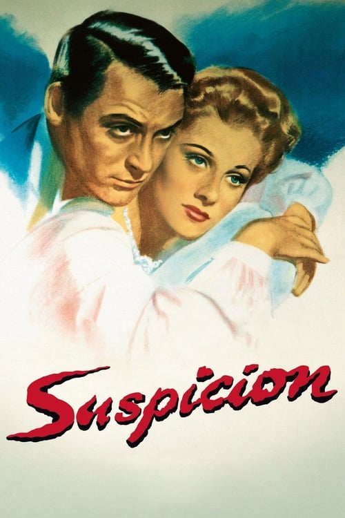 The poster features a dramatic scene with a man and woman in a romantic embrace, set against a soft blue sky. The man's intense gaze and the woman's tender expression convey a sense of mystery and romance. The title "Suspicion" in bold red letters adds a dramatic flair, hinting at the film's them...