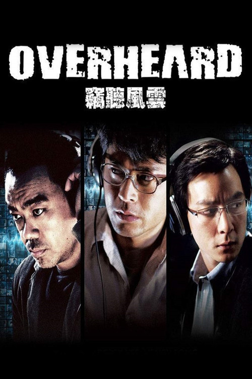 The poster features three men in dimly lit, moody settings against a dark background. The title "OVERHEARD" is prominently displayed in bold white letters, with Chinese characters below it. The overall mood is suspenseful and mysterious, hinting at a thriller or crime drama.