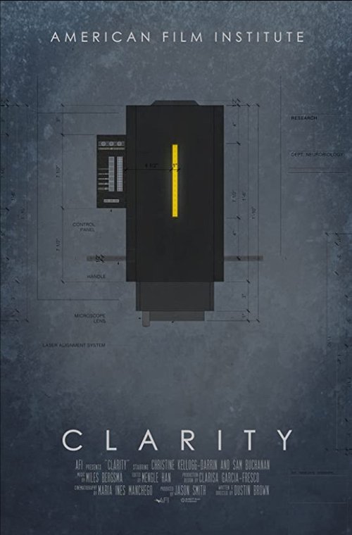 The poster features a minimalist design with a dark, textured background and a central black rectangular shape. The title "CLARITY" is prominently displayed in bold, white letters at the bottom. The overall mood is mysterious and cinematic, evoking a sense of intrigue and suspense.
