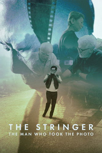 The poster features a central figure in a white shirt and black pants, surrounded by mysterious figures in dark clothing. The background is filled with film reels and dramatic lighting, creating a suspenseful atmosphere. The title "The Stringer" is prominently displayed at the bottom.