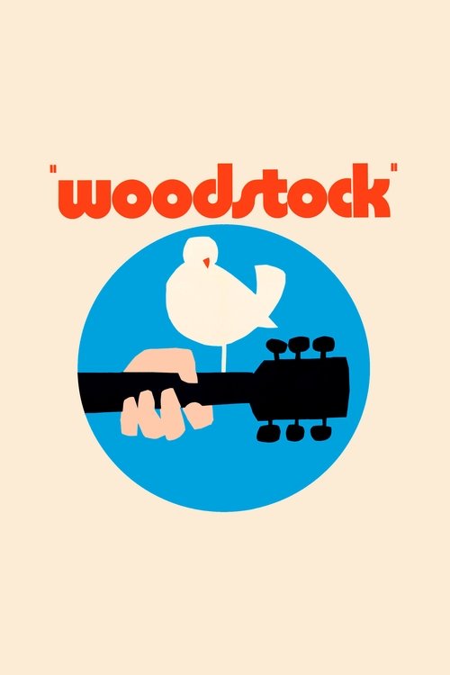 The poster features a minimalist design with a white bird perched on a black guitar, set against a vibrant blue circle. The text "woodstock" is written in bold orange letters above the illustration. The overall mood is serene and artistic, evoking a sense of nostalgia and musical passion.