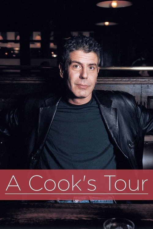 The poster features a man in a black leather jacket against a dimly lit background, evoking a mysterious and atmospheric mood. The title "A Cook's Tour" is prominently displayed in bold red text, suggesting an engaging culinary journey.