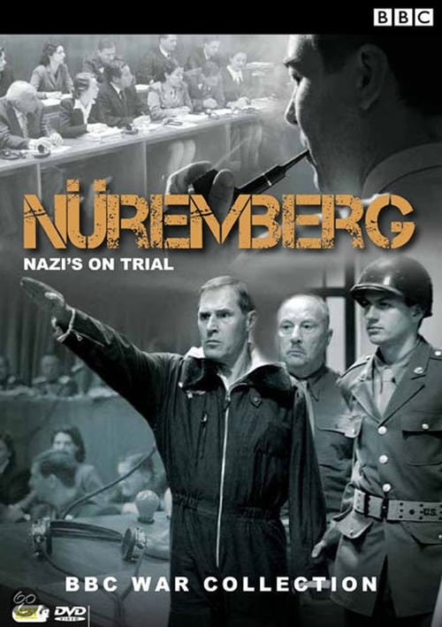 The poster features a somber, muted color palette dominated by sepia and grayscale tones. It depicts a central figure in a military uniform pointing forward, surrounded by other men in similar attire, suggesting a historical courtroom scene. The BBC logo and "Nazis on Trial" title are prominently...