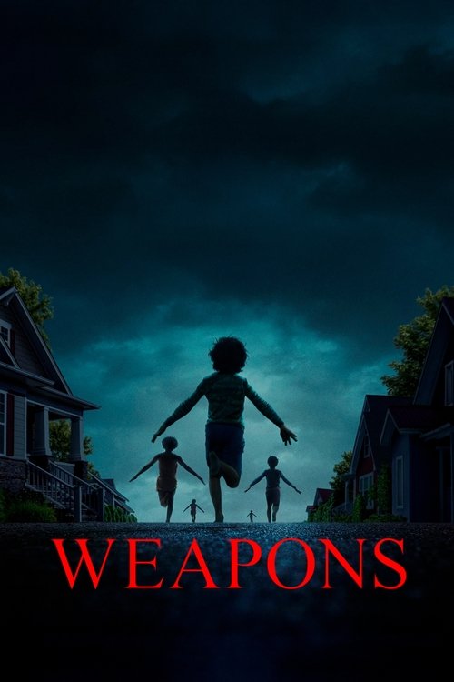 The poster features silhouettes of three children running down a dark street at night, with a menacing, ominous sky above. The title "WEAPONS" is prominently displayed in bold red letters at the bottom, evoking a sense of danger and suspense.
