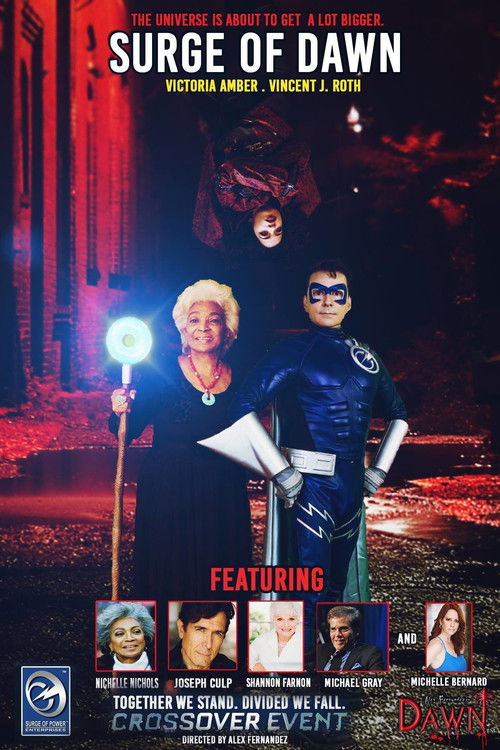 The poster features a dramatic scene with a woman in a black suit and a superhero in a blue suit, both holding glowing orbs. The dark, moody atmosphere with red and blue lighting creates a mysterious and suspenseful mood.