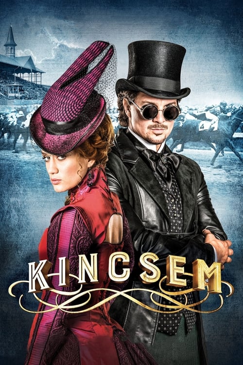 The poster features a glamorous woman in a red dress and a stylish man in a top hat, exuding elegance against a moody, vintage backdrop. The title "KINGSEM" is prominently displayed in ornate gold lettering, suggesting a dramatic and stylish narrative. The overall composition evokes a sense of ro...