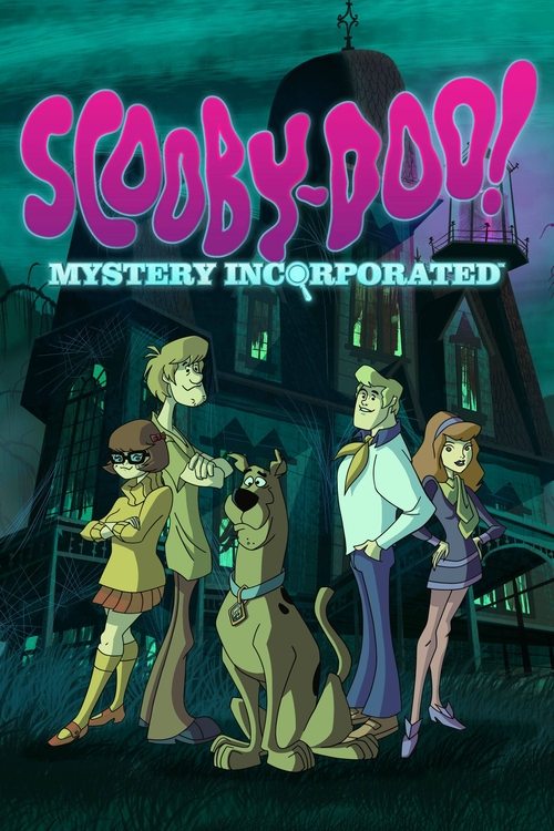 This TV show poster features four characters—Scooby-Doo, Shaggy, Fred, and Daphne—standing in front of a spooky, haunted house. The dark, eerie atmosphere is enhanced by the purple and teal color scheme, creating a mysterious and adventurous mood.