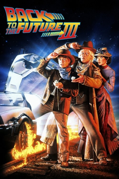The poster features three characters in period costumes, with one holding a time machine. The scene is set against a starry background with a fiery explosion at the bottom. The colors are vibrant, with warm tones of orange and red contrasting with cool blues and purples. The mood is adventurous a...