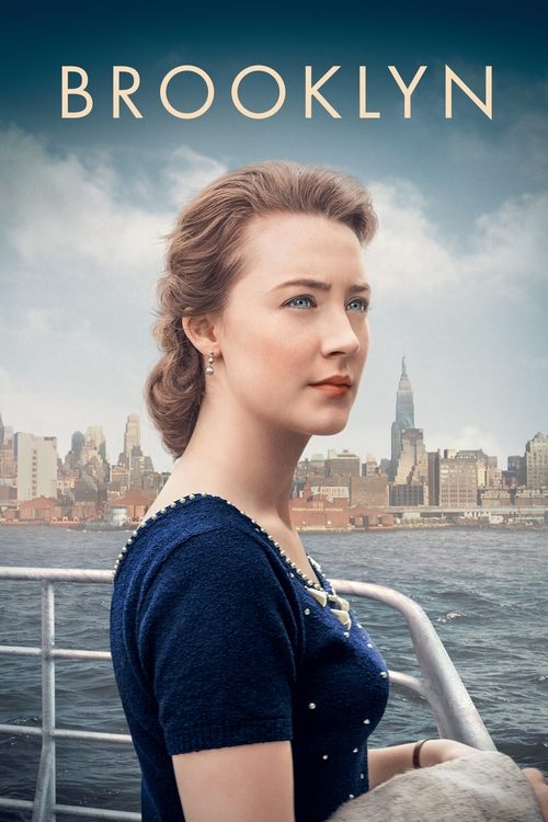 The poster features a woman in a navy blue dress with a pearl necklace, gazing thoughtfully at the city skyline. The muted tones of the image contrast with the vibrant blue sky, evoking a sense of nostalgia and urban romance.