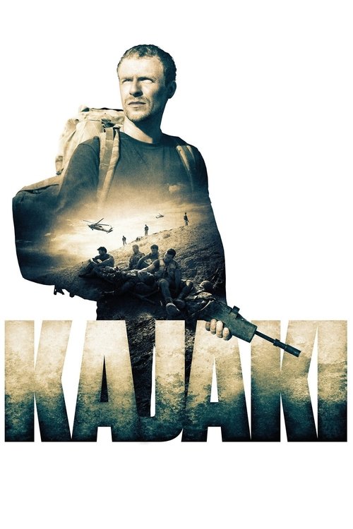 The poster features a rugged man in a dark tank top, holding a rifle and looking intense. Below him, the title "KAJAKI" is displayed in bold, distressed lettering with a gritty, sepia-toned background. The overall mood is gritty, action-oriented, and evokes a sense of adventure and danger.