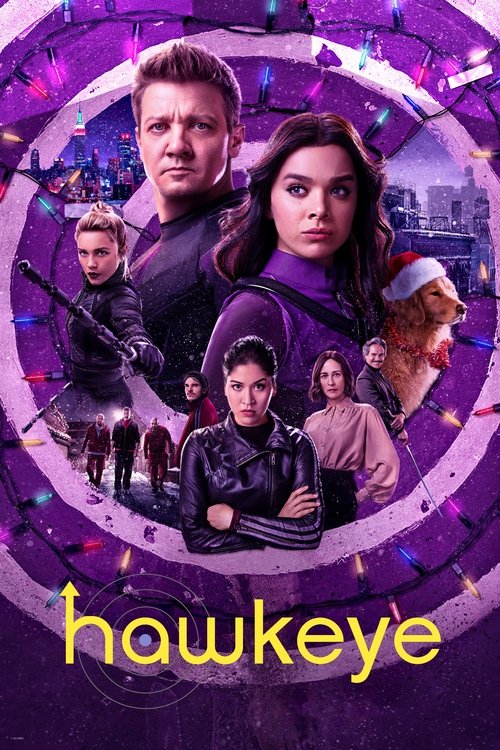 The poster features a group of young actors in a vibrant purple circle, with the title "Hawkeye" prominently displayed at the bottom. The mood is mysterious and adventurous, suggesting a thrilling action series.