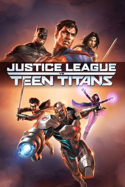 The poster features a dramatic sky with swirling clouds, creating a sense of epic scale. Four iconic superheroes stand in a heroic pose, each holding a weapon that glows with vibrant colors—red, blue, purple, and green. The central figure, a powerful Titan, dominates the foreground with his glowi...