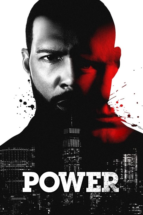 The poster features a man with a serious expression, split between black and red tones. The city skyline in the background adds urban atmosphere, while the bold "POWER" text emphasizes the show's theme.