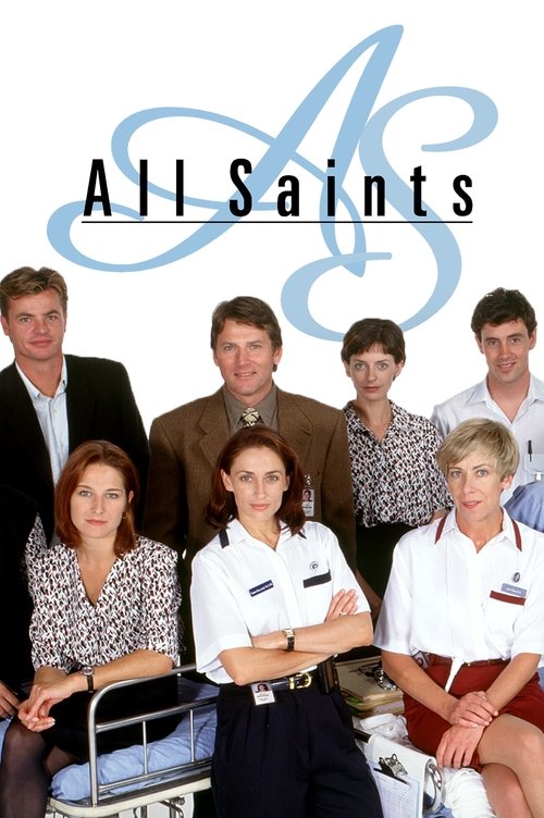 The poster features a group of eight men and women in professional attire, standing or sitting with confident expressions. The color palette is dominated by white, black, and a striking blue accent that forms the show's title. The mood is professional and polished, suggesting a workplace setting.