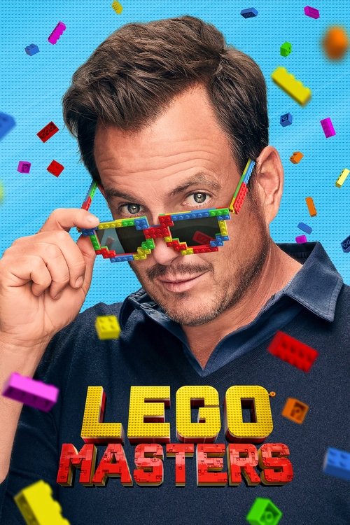 The poster features a man with a playful, slightly mischievous expression, holding a colorful LEGO structure over his eyes. The vibrant background of blue with scattered confetti and various LEGO bricks adds a festive and energetic atmosphere. The bold red and yellow text "LEGO MASTERS" dominates...