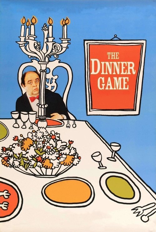 The poster features a man in a black suit seated at a long table with a candelabra, surrounded by colorful plates and glasses. The warm orange and red tones of the sign and food contrast with the cool blue background, creating a cozy yet slightly mysterious atmosphere.