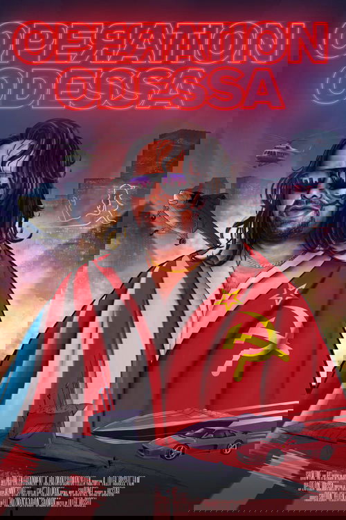 The poster features a man with long hair and sunglasses, wearing a Soviet-style red and white coat with a hammer and sickle emblem. He stands in front of a backdrop of futuristic cityscapes and flying vehicles, suggesting a sci-fi or action film. The vibrant colors and dramatic lighting create an...