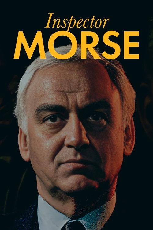 The poster features a close-up of Inspector Morse, a stern and serious man with white hair, wearing a dark suit and tie. The background is dark, emphasizing his intense expression. The title "Inspector Morse" is prominently displayed in bold yellow letters at the top. The overall mood is serious ...