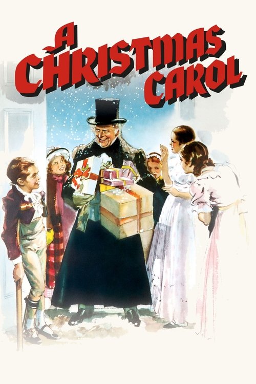 This vintage Christmas Carol poster features a dramatic scene with a man in a top hat carrying gifts, surrounded by children in period clothing. The warm reds and greens evoke a nostalgic, magical atmosphere, capturing the timeless spirit of the holiday.
