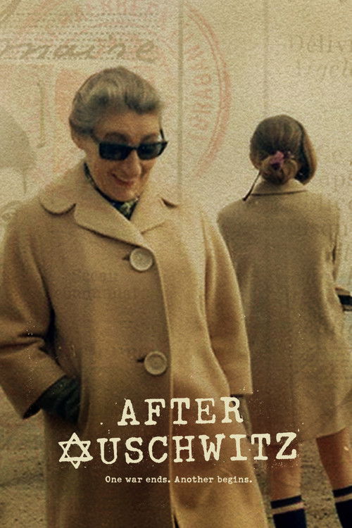 The poster features a somber, muted color palette dominated by beige and brown tones. Two figures are visible: a woman in the foreground wearing sunglasses and a trench coat, while another person is seen from behind, suggesting a narrative of loss and reflection. The title "AFTER AUSWITZ" is prom...
