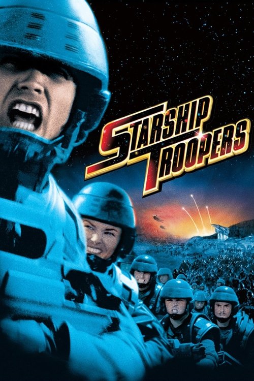 The poster features a group of soldiers in futuristic armor, with one soldier in the foreground shouting. The scene is set against a starry night sky, evoking a sense of danger and urgency. The cool blue tones dominate the image, creating a tense atmosphere that hints at the harsh realities of war.
