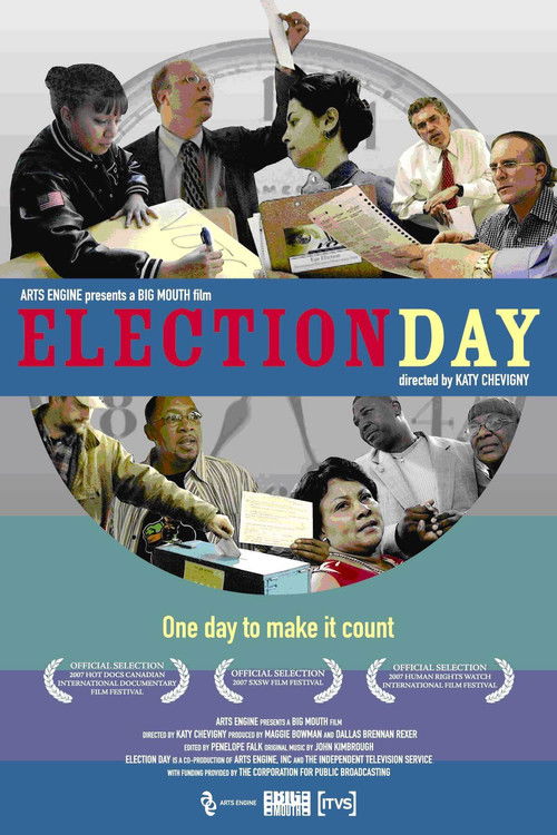 The poster features a collage of diverse people in a circular frame, suggesting a global or inclusive theme. The vibrant colors of red, blue, and white create a dynamic and energetic atmosphere. The title "Election Day" is prominently displayed in bold red letters, emphasizing the significance of...