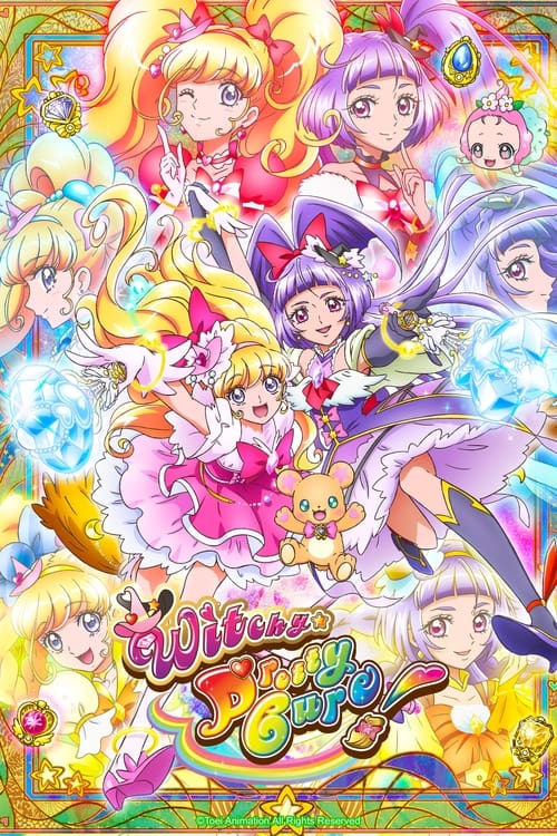 The poster features a vibrant array of magical girl characters in colorful outfits, with a dreamy and whimsical atmosphere. The title "Witchy Precure!" is prominently displayed in a playful font, surrounded by magical sparkles and glowing effects. The overall mood is cheerful and enchanting, capt...