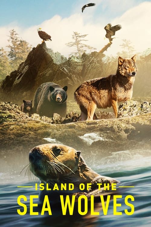 The poster features a serene coastal scene with a wolf standing on a rocky shore, surrounded by other wildlife like a bear and a bird. The warm golden hues of the sunset evoke a sense of tranquility and natural beauty, while the title "Island of the Sea Wolves" anchors the composition with bold t...
