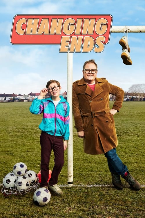 The poster features two children in a vibrant outdoor setting, with one in a blue jacket and the other in a brown trench coat. They stand near a soccer goal, surrounded by soccer balls and a football. The scene exudes a playful, energetic mood, capturing the essence of children's sports and fun.