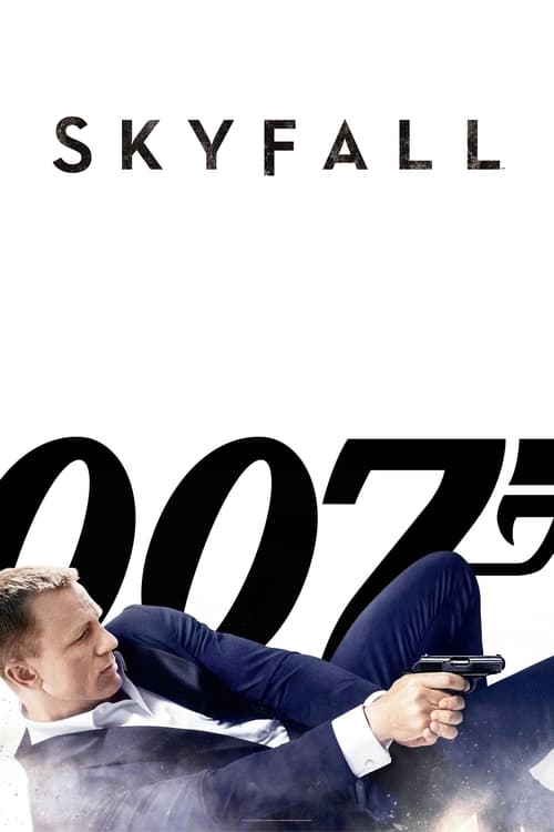 The poster features a man in a sharp suit holding a gun, exuding confidence and danger. The bold "007" logo dominates the lower half, while the word "SKYFALL" appears at the top in stark, uppercase letters. The dark blue and white color scheme creates a sleek, high-stakes atmosphere, evoking the ...