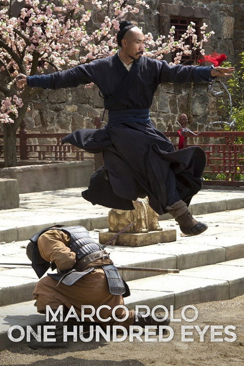 Marco Polo's dramatic pose against a backdrop of blooming cherry blossoms and ancient stone architecture evokes a timeless, mysterious atmosphere. The dark blue robes contrast sharply with the vibrant pink flowers, while the rugged, earthy tones of the stone steps and the character's leather armo...